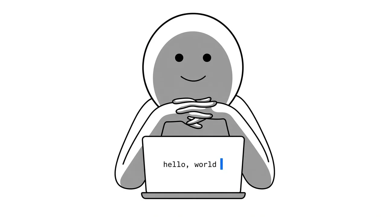 A hooded figure rests their chin on folded hands above a laptop that reads hello, world.