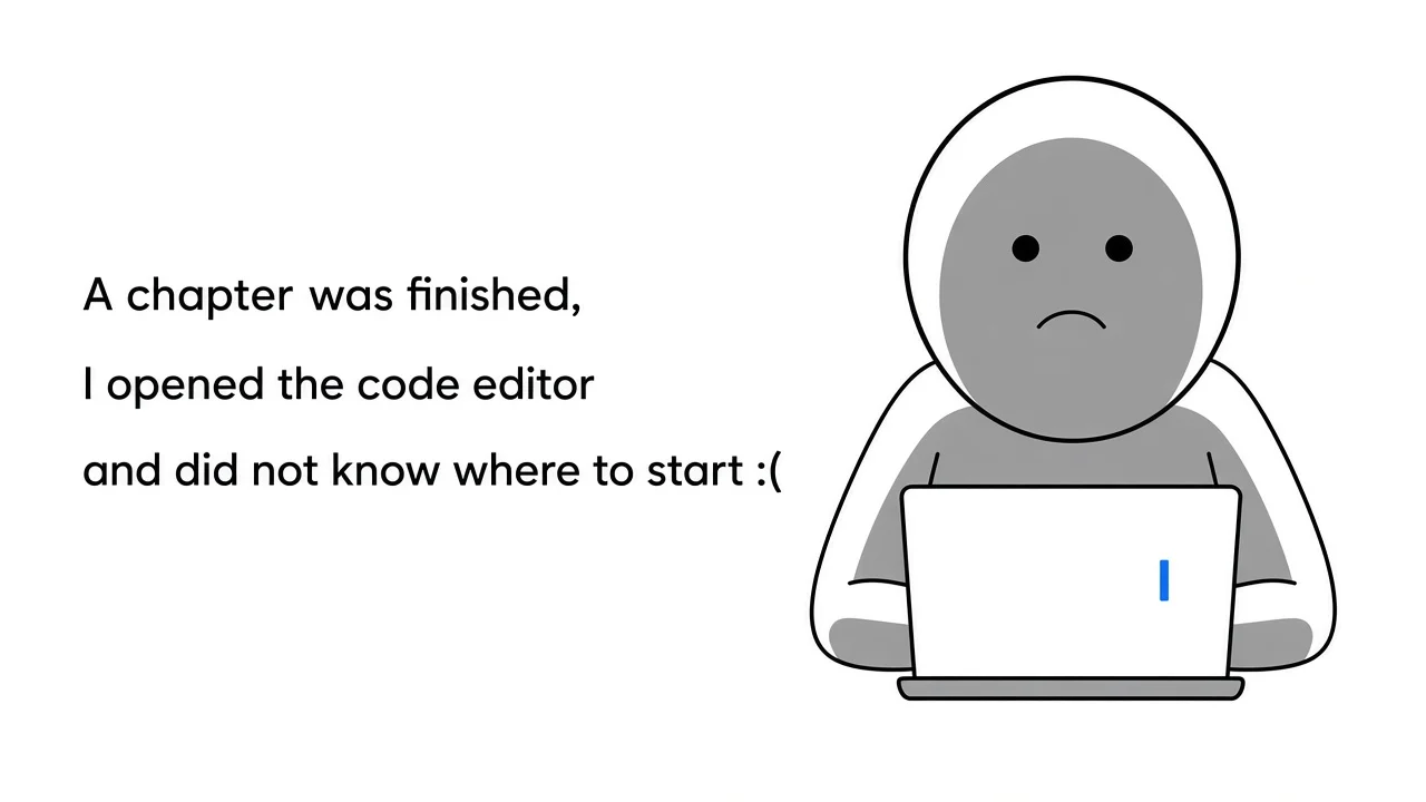 A hooded figure with a frown sits at a blank laptop. Beside them: A chapter was finished, I opened the code editor and did not know where to start.