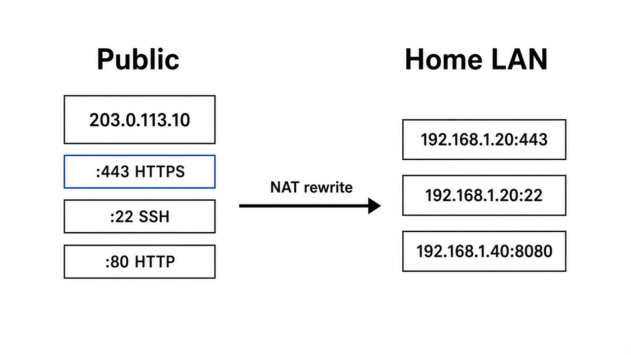 A public address and port rewritten to a LAN address and port