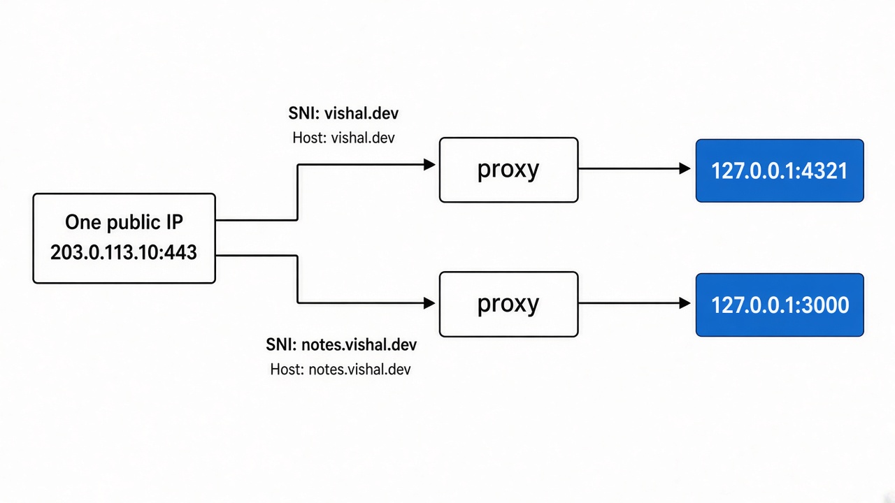 One public IP and port 443, two names, two local ports
